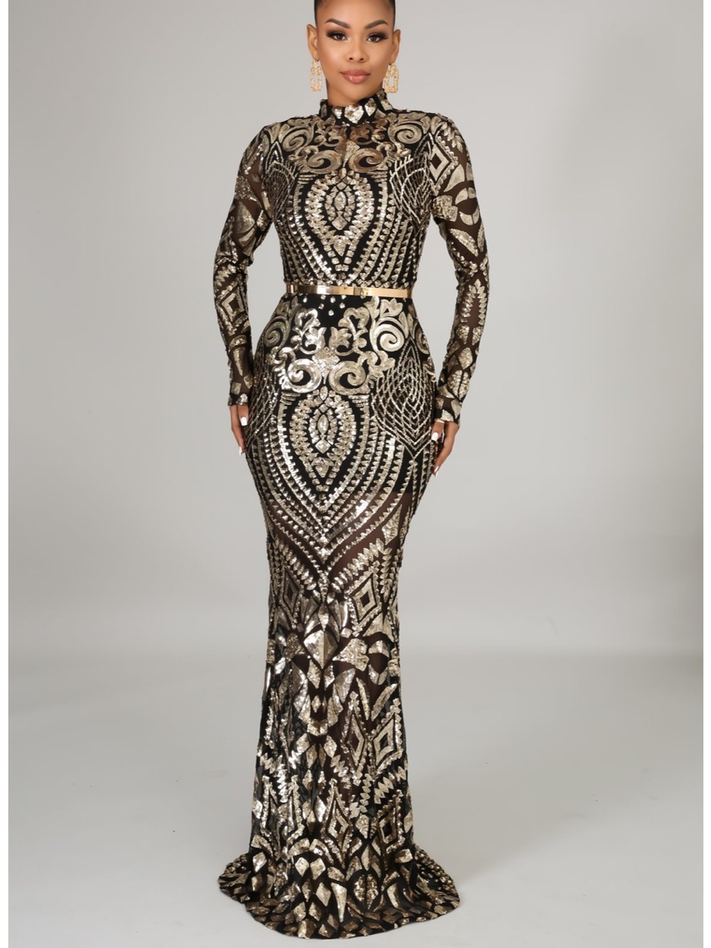 Gold & Black Sequin Long Sleeve Evening Gown